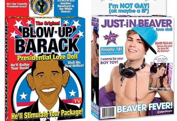 Bonecas infláveis de Barack Obama e Justin Bieber